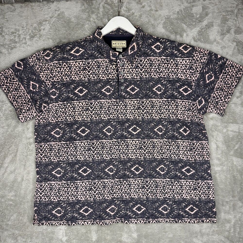 Vtg 90s Arizona Polo Shirt Mens 2XL Tall AOP Tribal Surf Print Pattern Pink Blue